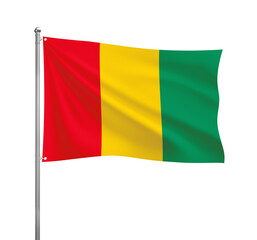 Guinea flag waving in the wind on a silver pole, isolated on transparent background