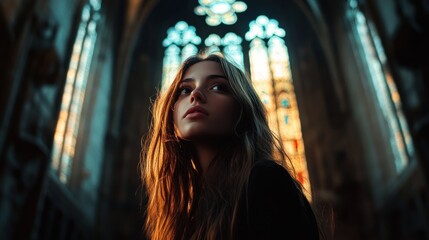 Young Woman Looking Upwards in a Church