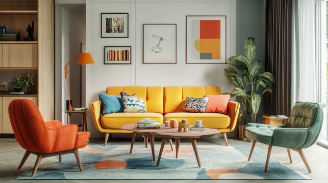 Mid-century Scandinavian living room with vibrant multicolored furniture, creating a lively and stylish interior design.