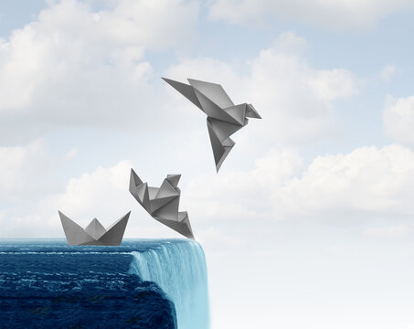Rising To The Challenge metaphor as a business success concept  with a paper boat transforming into a symbol of success to escape an obstacle or adapt and change to avoid a crisis