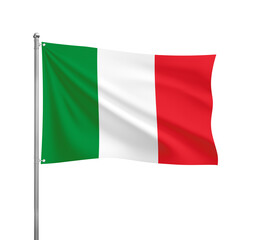 Italy flag waving in the wind on a silver pole, isolated on transparent background