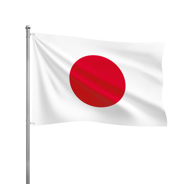 Japan flag waving in the wind on a silver pole, isolated on transparent background