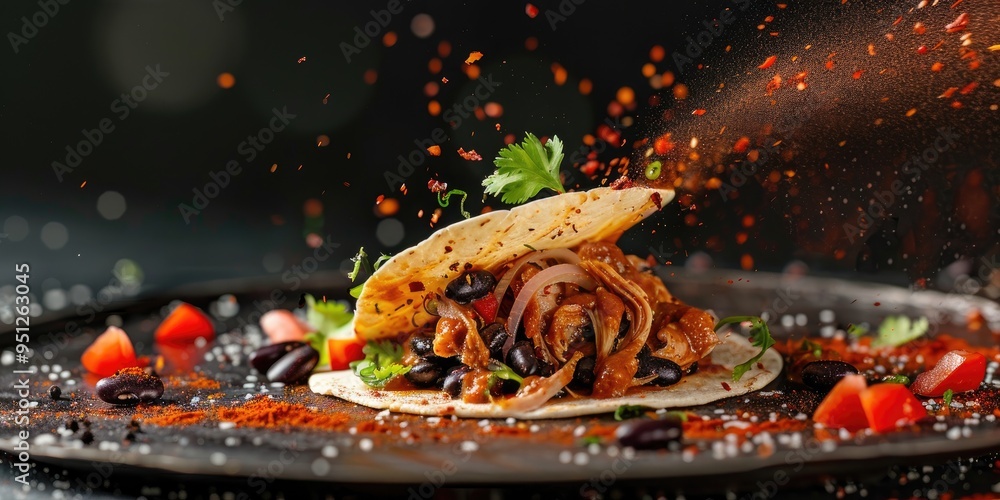 Sticker Floating Taco with Slow-Cooked Pork, Black Beans, and Spicy Chili on a Metal Griddle