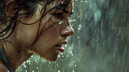 A close-up of a woman running in the rain, her face showing fierce determination as droplets of water fly off her skin.