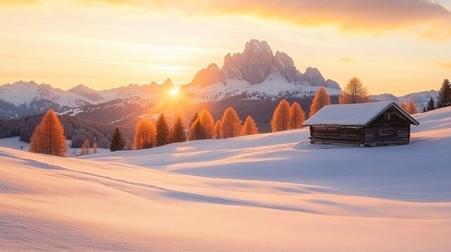 Picturesque landscape with small wooden log cabin on meadow Alpe di Siusi on sunrise time. Snowy hills with orange larch.