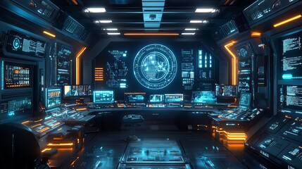 A futuristic organization command center, overseeing the launch of an advanced export module into a glowing digital network, sleek interfaces and neon accents