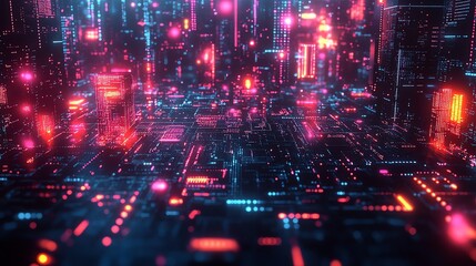 Fototapeta premium A futuristic venture startup unleashing disruptive technology in a bustling digital marketplace, glowing data streams and dynamic neon accents