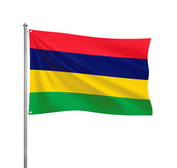 Mauritius flag waving in the wind on a silver pole, isolated on transparent background