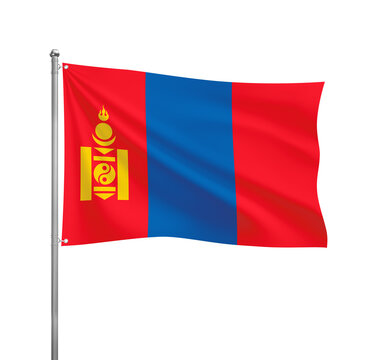 Mongolia flag waving in the wind on a silver pole, isolated on transparent background