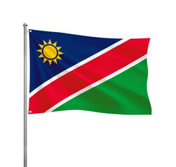 Namibia flag waving in the wind on a silver pole, isolated on transparent background