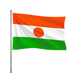 Niger flag waving in the wind on a silver pole, isolated on transparent background