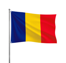 Romania flag waving in the wind on a silver pole, isolated on transparent background