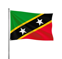 Saint Kitts and Nevis National flag waving in the wind on a silver pole, isolated on transparent background