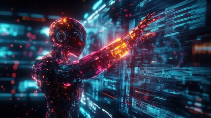 A cybernetic humanoid with energy shields projected from its arms, protecting itself from digital threats while operating a complex holographic dashboard.