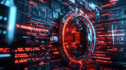 Naklejka premium A digital vault, surrounded by a glowing network of encrypted data, with a complicated lock mechanism visible on the surface