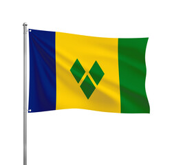 Saint Vincent and the Grenadines National flag waving in the wind on a silver pole, isolated on transparent background