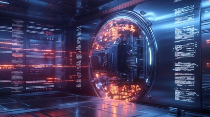 Fototapeta premium A digital vault, surrounded by a glowing network of encrypted data, with a complicated lock mechanism visible on the surface