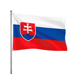 Slovakia flag waving in the wind on a silver pole, isolated on transparent background