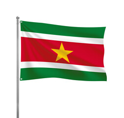 Suriname flag waving in the wind on a silver pole, isolated on transparent background