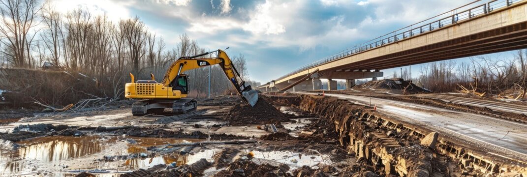 Excavator and bulldozer involved in road renovation by removing old asphalt layers on a bridge construction site.