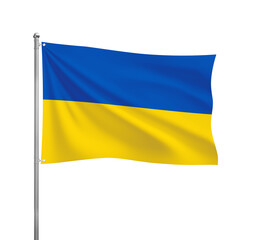 Ukraine flag waving in the wind on a silver pole, isolated on transparent background