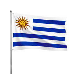 Uruguay flag waving in the wind on a silver pole, isolated on transparent background