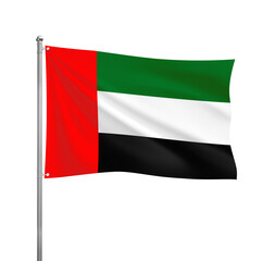 United Arab Emirates National flag waving in the wind on a silver pole, isolated on transparent background