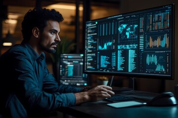 An IT professional working on an advanced computer with data visualizations and code panels in the background