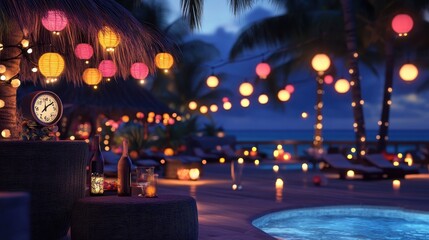 Tropical Paradise Illuminated by Vibrant Lanterns and Twinkling Lights