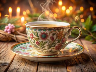 warm and soothing fine china cup ceramic warm beverage rich aroma flavorful delicate subtle earthy calming dreamy whimsical subtle patterns intricate