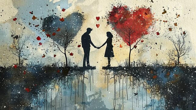 Long distance love relationships between man and woman. Couple is separated by obstacles and invisible barriers. Family reunification and migration policy concept. Vector illustration