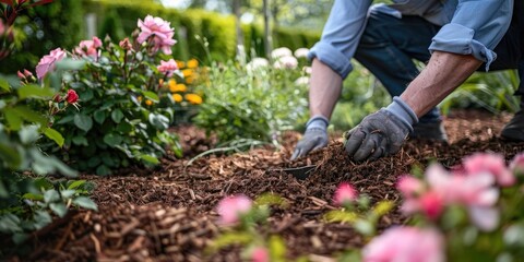 Individual applying shredded wood mulch in a summer garden around flowering plants for moisture retention and weed control.