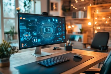 Naklejka premium High-tech computer monitor with a futuristic interface on a modern home office desk