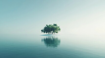Isolated island in a calm sea, with minimalist elements focusing on the simplicity of the natural surroundings and the peacefulness of the horizon, perfect for a tranquil scene