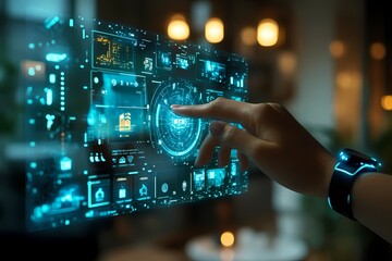 A hand touching a digital screen with a futuristic interface and data, virtual hologram icons of business and technology