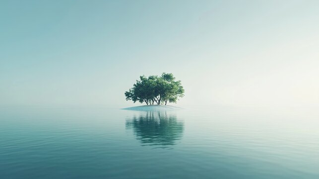 Isolated island in a calm sea, with minimalist elements focusing on the simplicity of the natural surroundings and the peacefulness of the horizon, perfect for a tranquil scene
