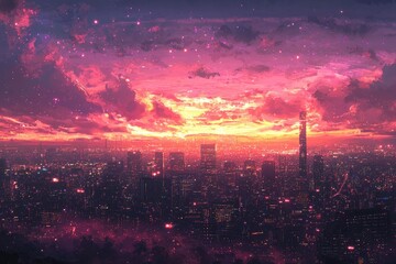 Fototapeta premium Cityscape at Dusk with Pink Sky and Stars