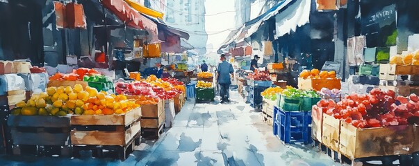 Fototapeta premium Wholesale market, bustling vendors with efficiency in logistics, dynamic flow of goods, Watercolor style