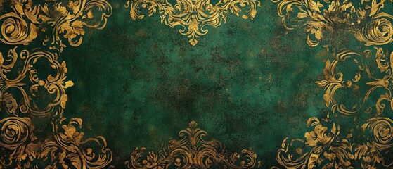 Richly detailed ornate tapestry background in dark green and bronze, featuring a texture of opulence and depth