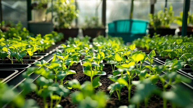 Growing healthy seedlings in a greenhouse during spring with vibrant greens and rich soil nurturing their development