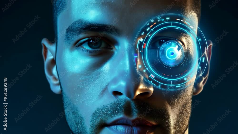 Poster exploring futuristic technology through a close-up of a man's face illuminated with blue light in a 