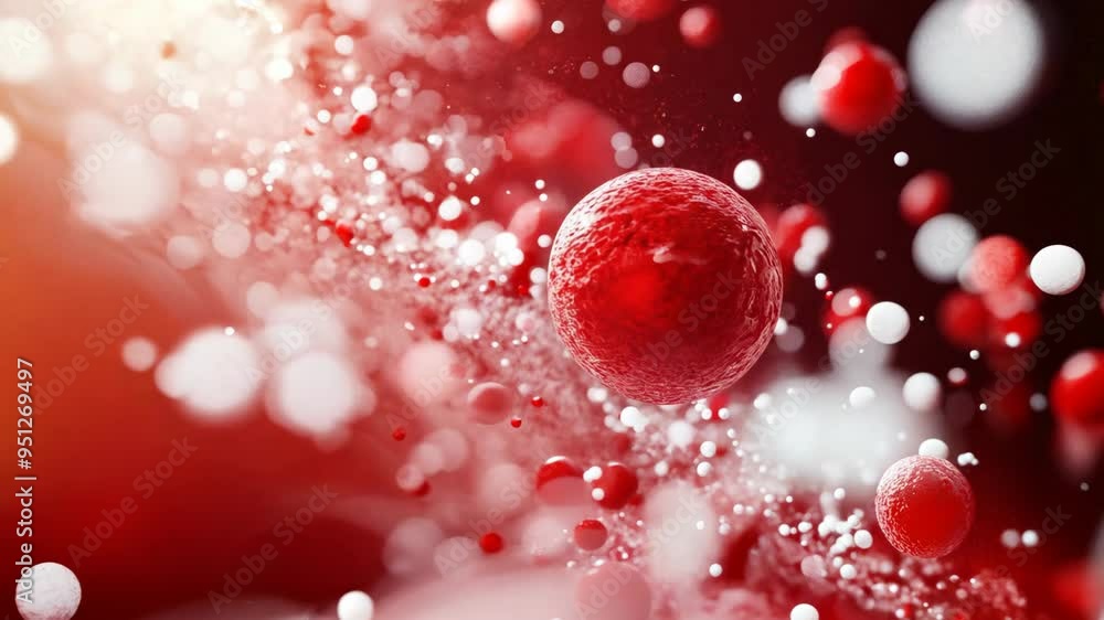 Aufkleber exploring the microscopic world of cells and particles in a vibrant display of red and white colors