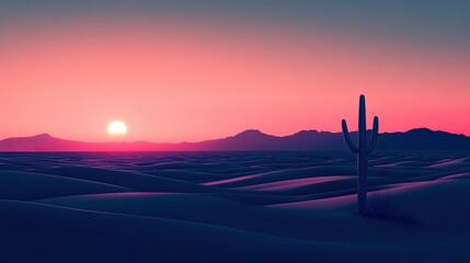 Serene desert landscape with minimalist composition featuring a lone cactus, smooth dunes, and a vibrant sunset, creating a tranquil and balanced scene for a stunning visual experience