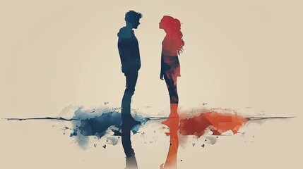 Naklejka premium Long distance love relationships between man and woman. Couple is separated by obstacles and invisible barriers. Family reunification and migration policy concept. Vector illustration