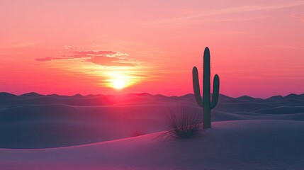 Serene desert landscape with minimalist composition featuring a lone cactus, smooth dunes, and a vibrant sunset, creating a tranquil and balanced scene for a stunning visual experience
