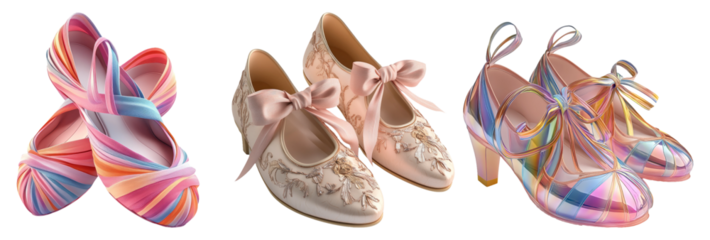Elegant ballet shoes in various colors and ribbons isolated on transparent background