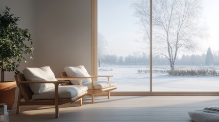 A minimalist living room with Scandinavian furniture, sleek wooden chairs with white cushions, near a large window overlooking a snowy landscape.