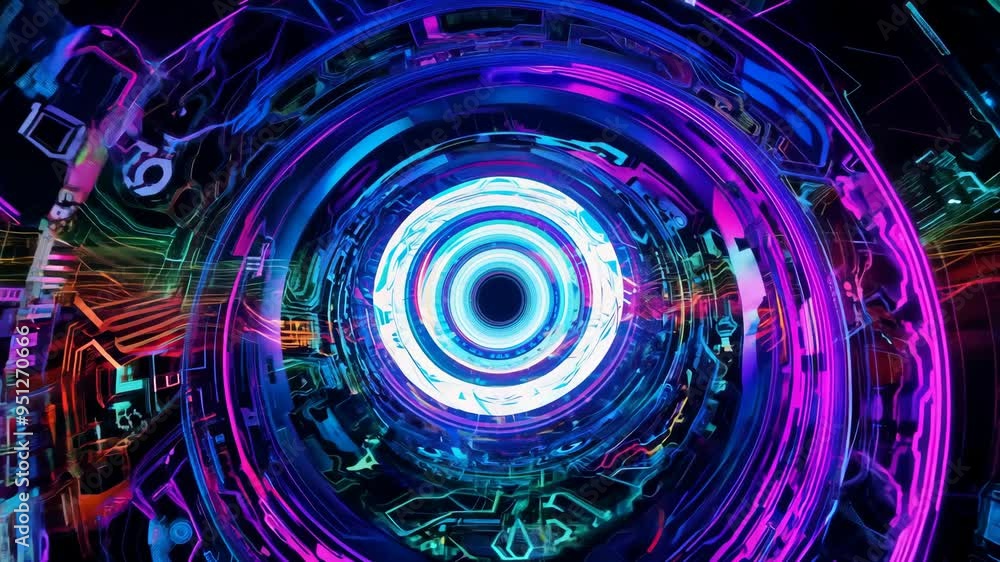 Poster colorful abstract animation with swirling patterns and vibrant shapes on display at a digital art ex