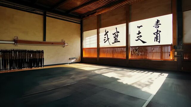 Traditional martial arts dojo with large windows and wooden equipment during a sunny afternoon