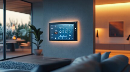 A smart home control center, a sleek touchscreen panel embedded in a modern living room wall. The interface shows various home automation options, with 3D icons and a minimalist UI.
